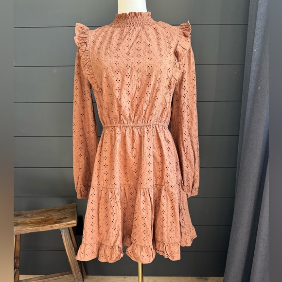 Lost + Wander Brown Eyelet Long Sleeve Dress, High Neck & Ruffles Sz Small - Picture 2 of 9